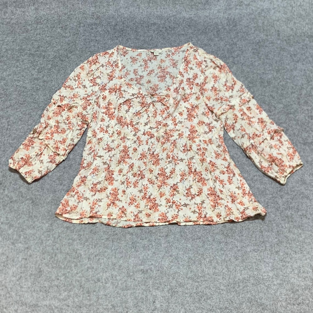 Est 1946 Womens Floral V-Neck Peplum Blouse Cream Pink 3/4 Sleeve Large - Picture 2 of 7